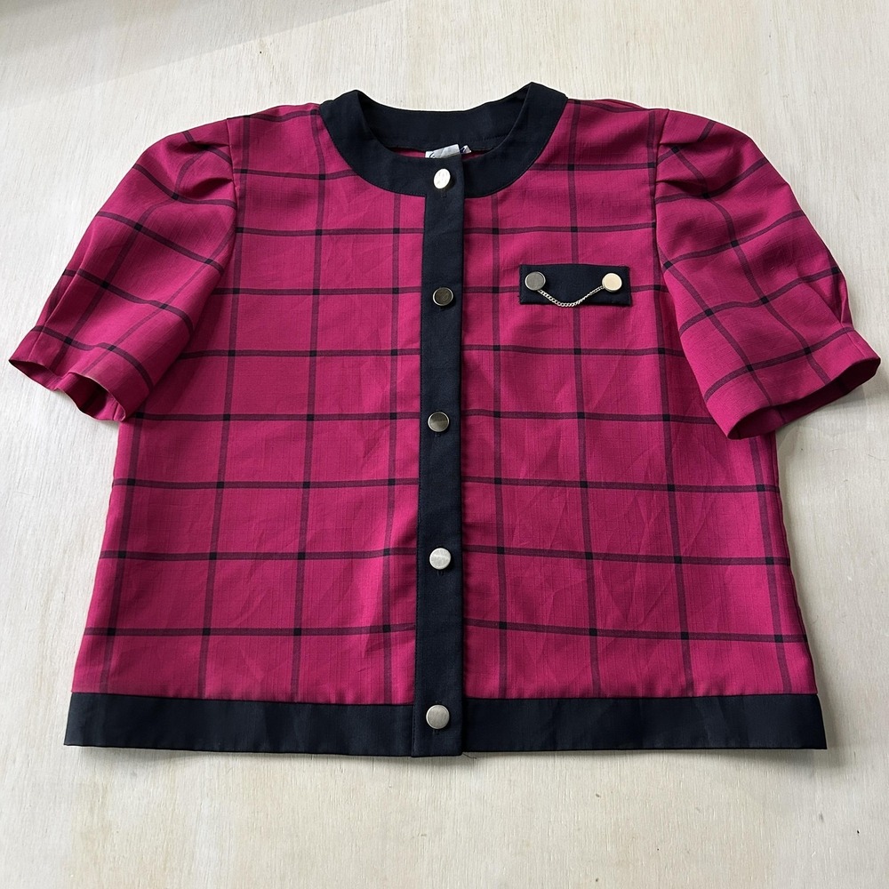 Vintage GoodTimes Blouse Womens 18 Pink Plaid Puff Sleeve Collarless Woven